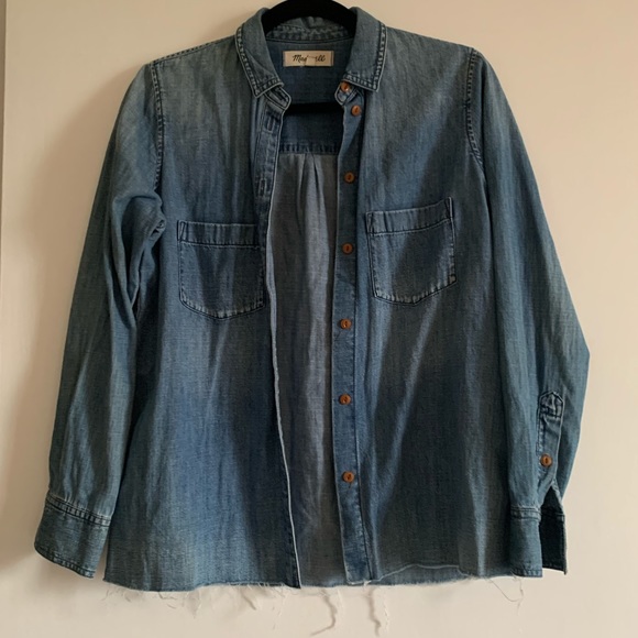 Madewell Denim Button Front Raw Hem Long Sleeve Blouse size XS EUC - Picture 1 of 6
